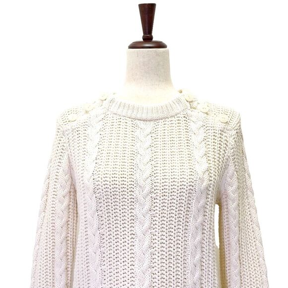 LL Bean Ivory Cable Knit Sweater Button Shoulder Fisherman Pullover Size Medium - Picture 6 of 15